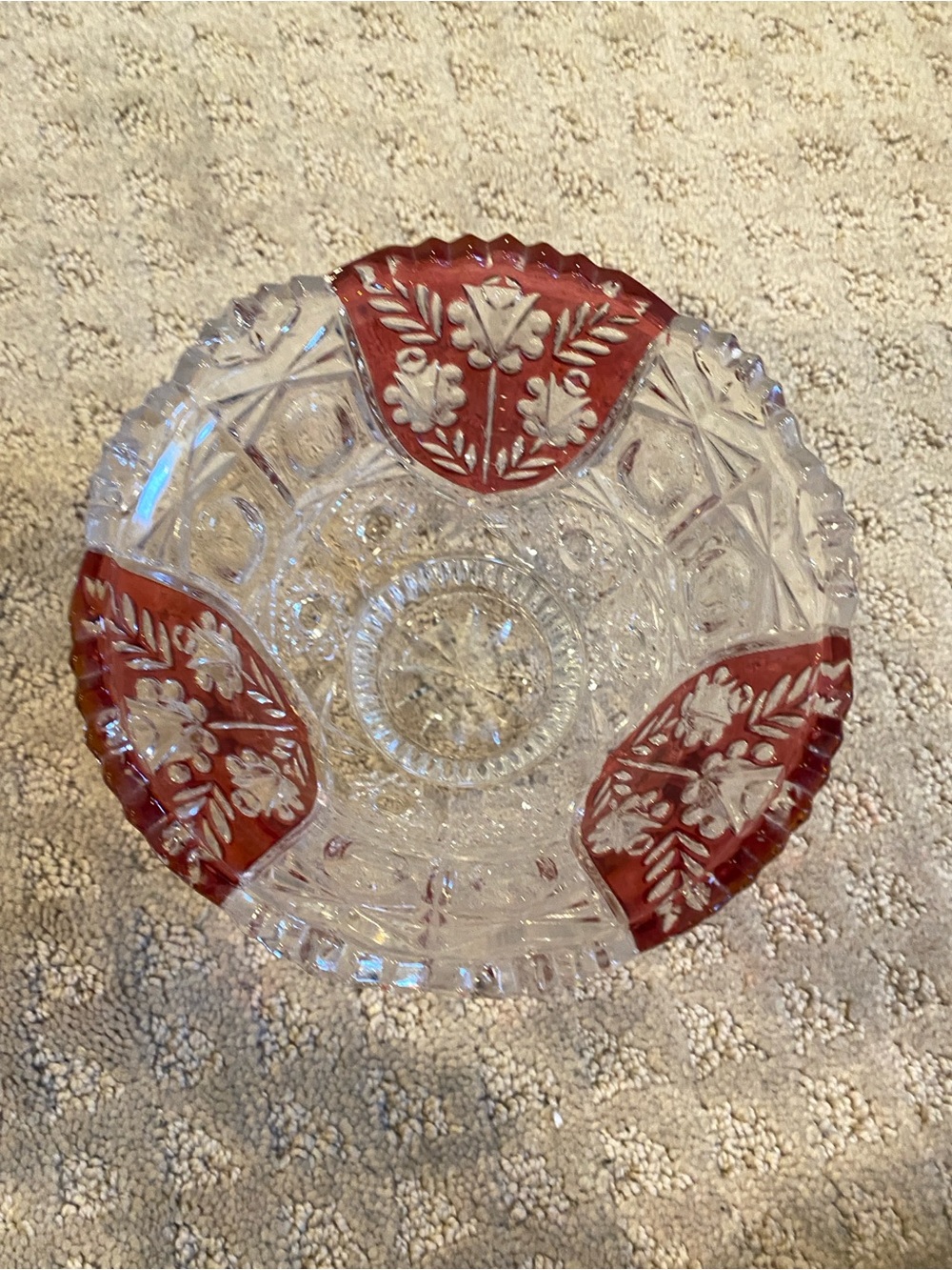 Bowl, Cut Glass with Red Overlay Floral Panels